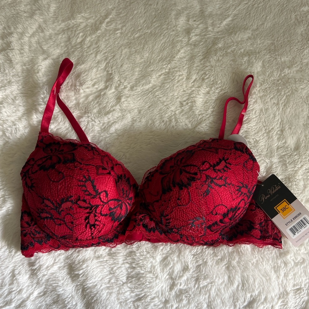 Prima Valentina Red Black Lace Push Up Bra 38C Underwire NWT